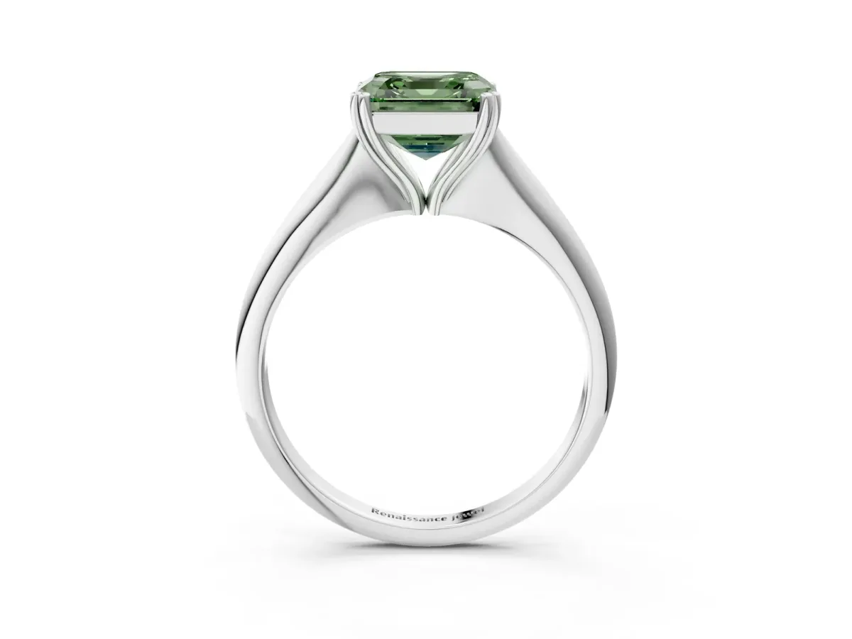 Fancy Green Asscher Cut Solitaire Diamond Ring with Six-Prong Setting and Classic Band Platinum