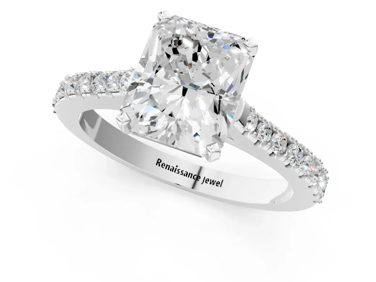 Radiant Cut Cut Solitaire Diamond Engagement Ring with Pave Band and Four-Prong Setting Silver