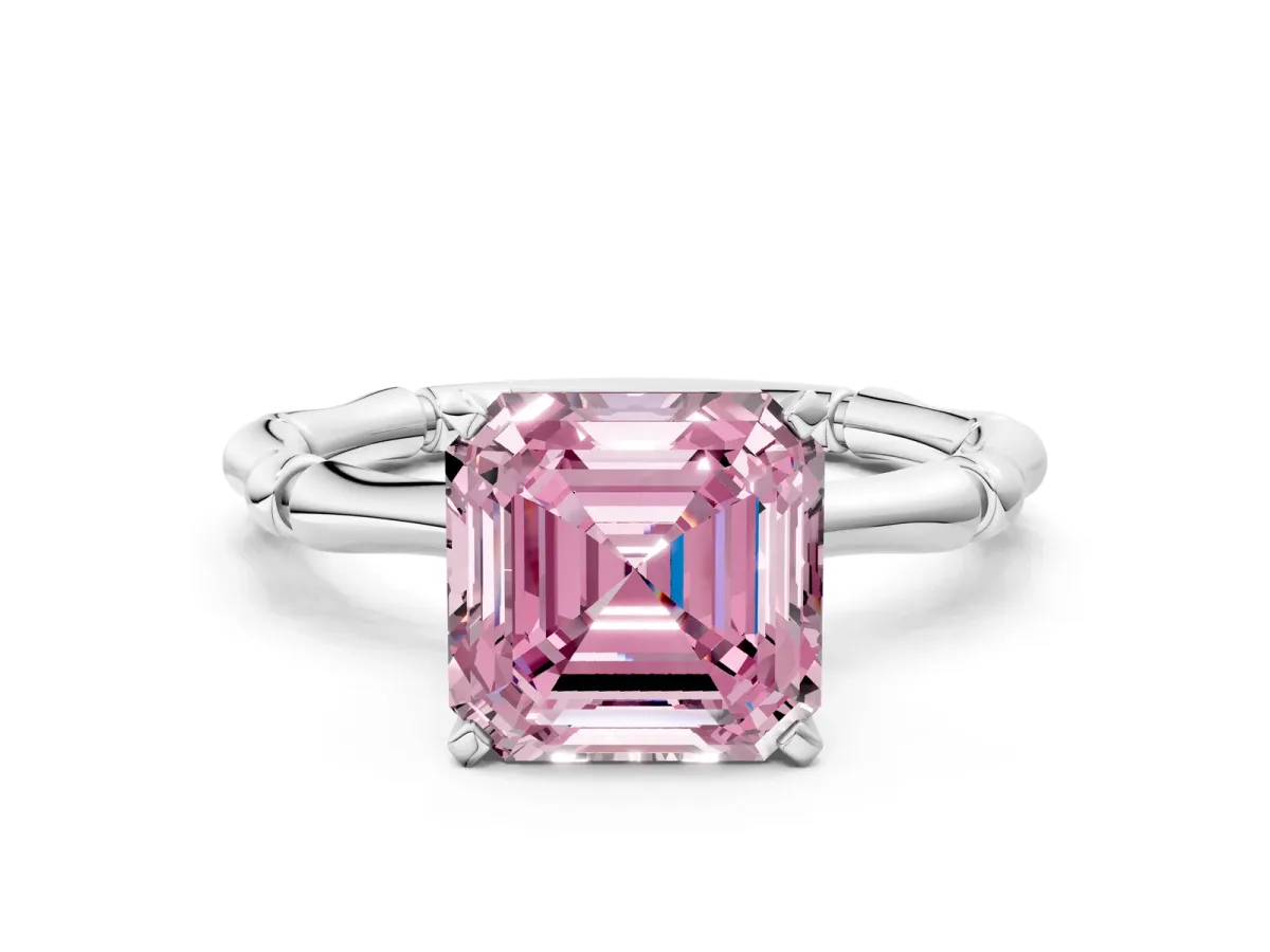 Fancy Pink Asscher Cut Solitaire Diamond Ring with Bamboo Band and Four-Prong Setting Platinum