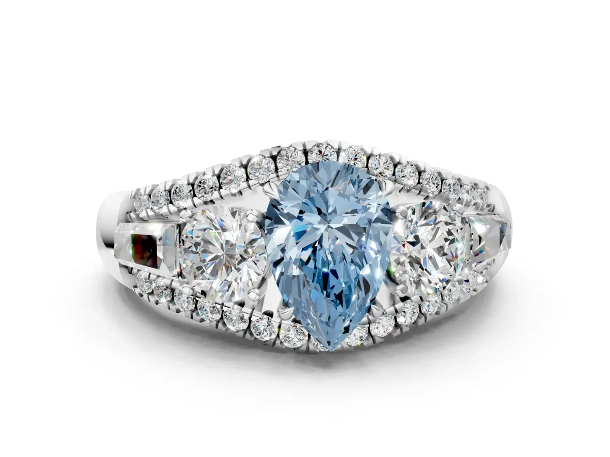 Fancy Blue Three-Stone Pear Cut Diamond Engagement Ring with Pave Band and Prong Setting Platinum