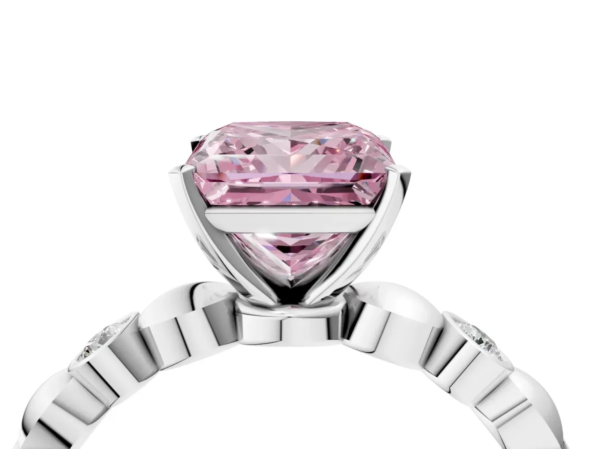 Fancy Pink Princess Cut Solitaire Bezel-Set Diamond Ring with Beaded Band and Four-Prong Setting Silver