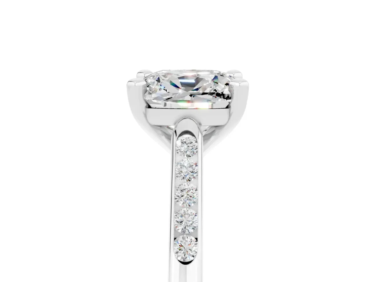 Cushion Cut Moissanite Solitaire Ring with Channel Set Round Band and Prong Setting Silver