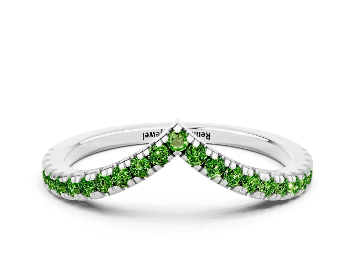 Pavé Round Peridot V-Shaped Chevron Band with Shared Prong Setting White gold