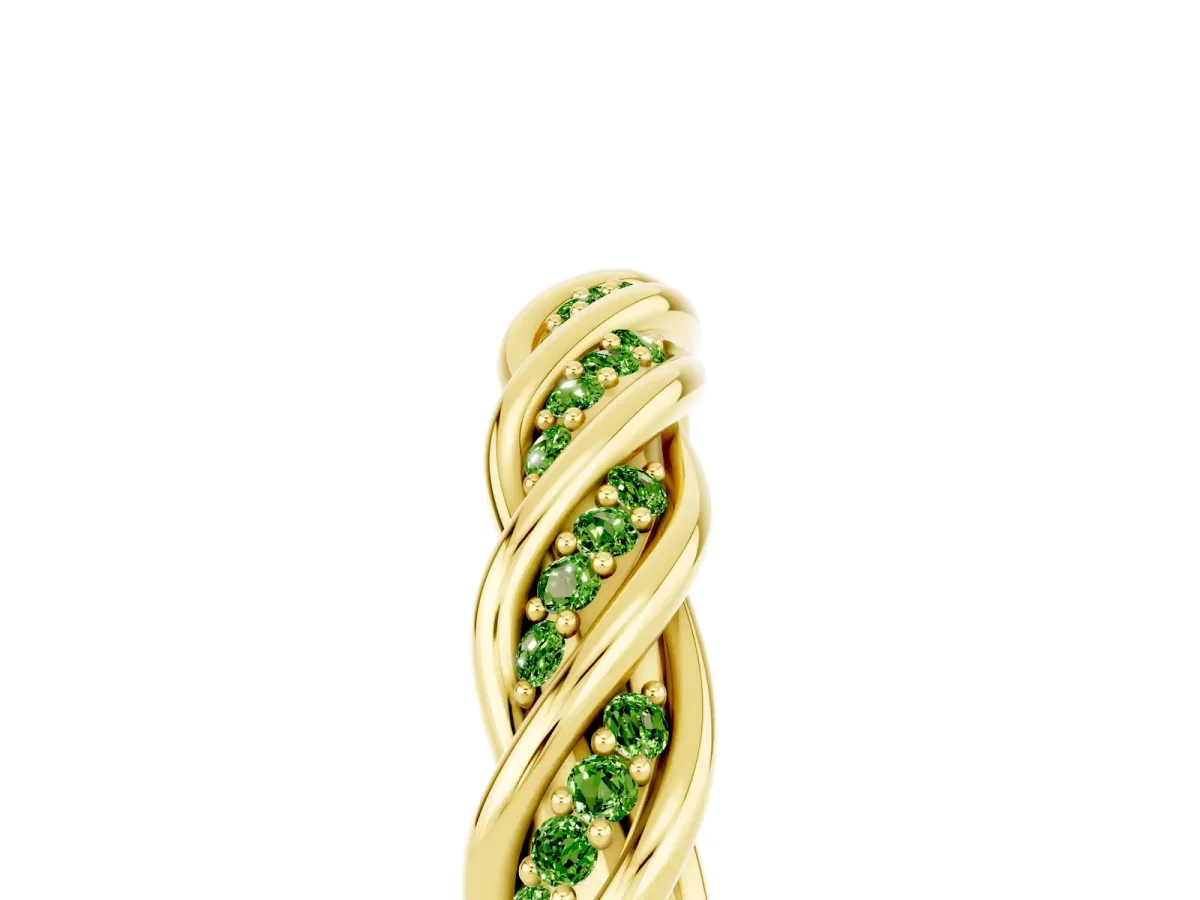 Twisted Pavé Round Peridot Eternity Band with Shared Prong Setting Yellow gold