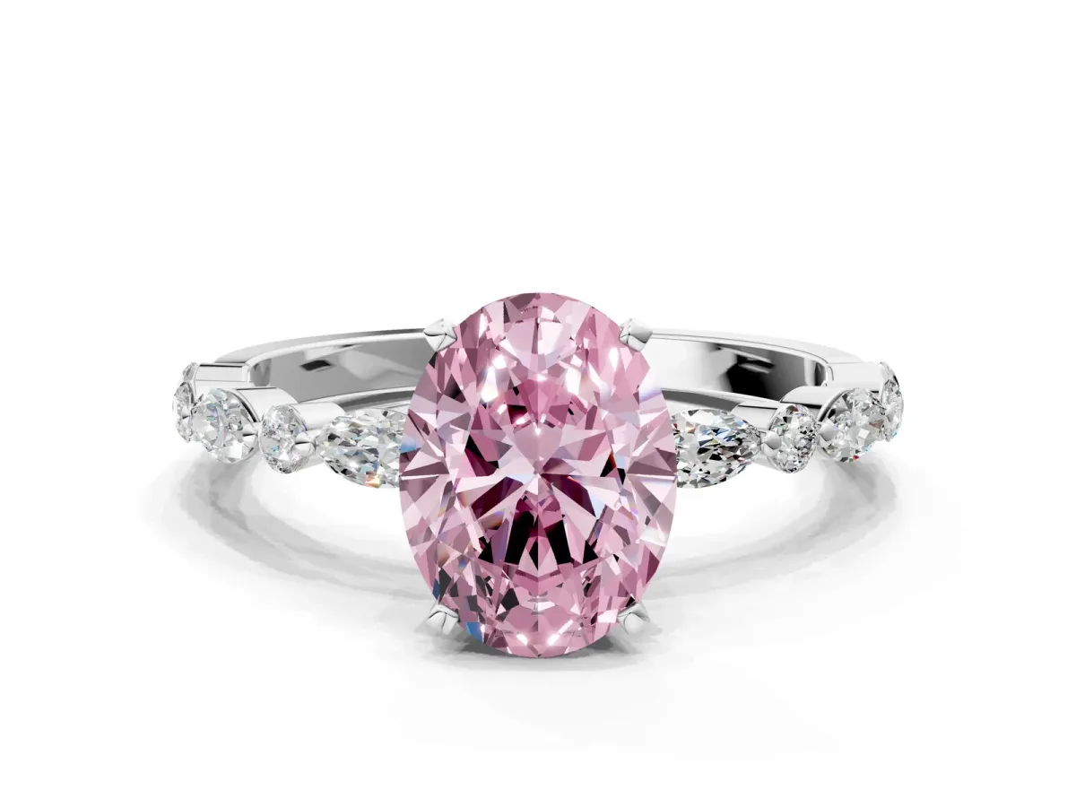 Fancy Pink Oval Cut Diamond Ring with Marquise and Round Side Stones and Four-Prong Setting Silver