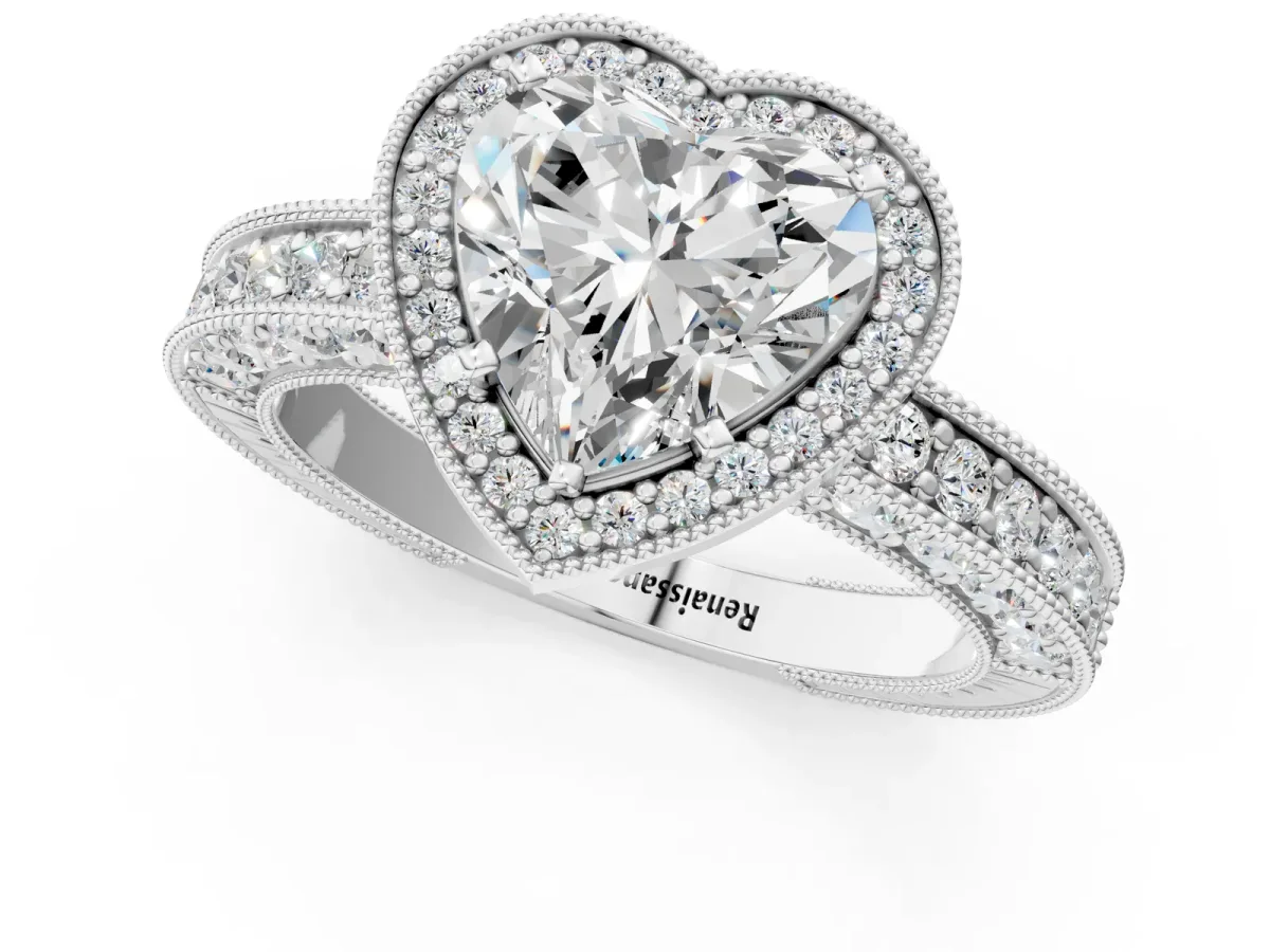 Heart Cut Cut Halo Diamond Pave Band Ring with Four-Prong Setting Platinum