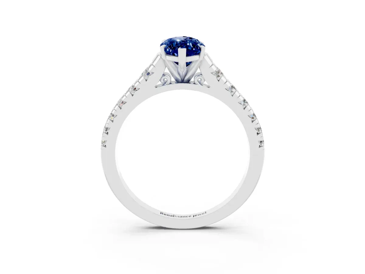 Marquise Cut Blue Sapphire Cathedral Solitaire Ring with Round Pavé Band Silver