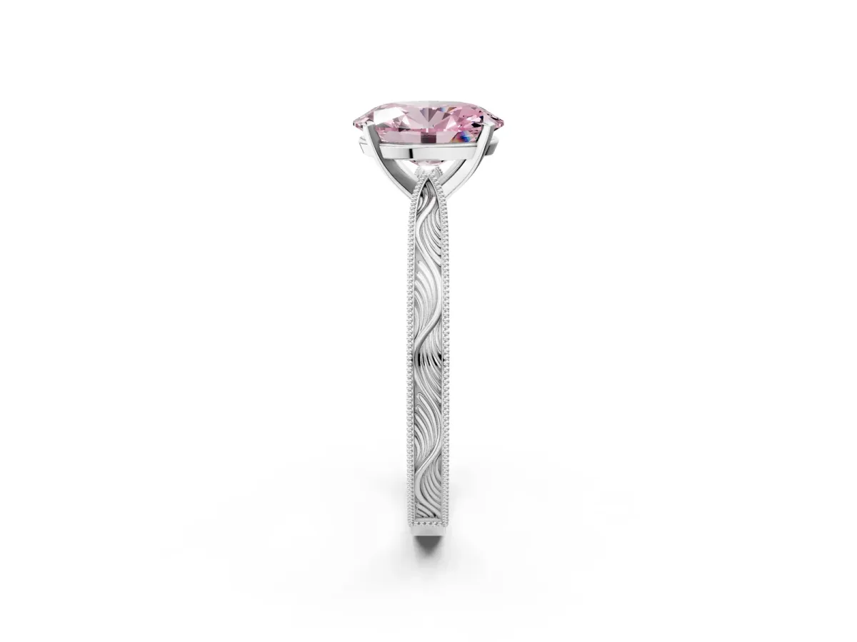 Fancy Pink Oval Cut Solitaire Milgrain Engraved Band with Four-Prong Setting White gold
