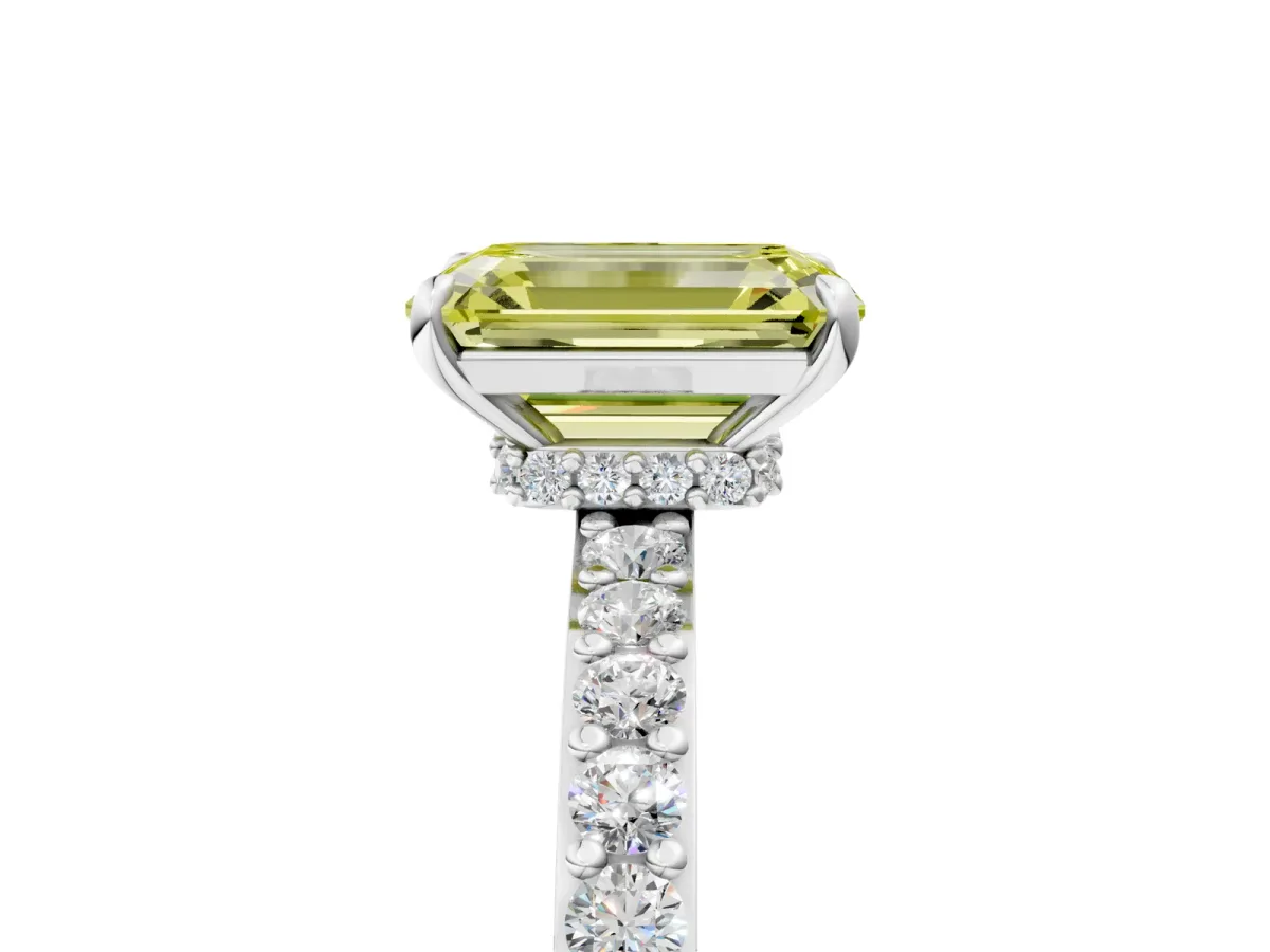 Fancy Yellow Emerald Cut Diamond Solitaire Engagement Ring with Pavé Band and Four-Prong Setting Silver