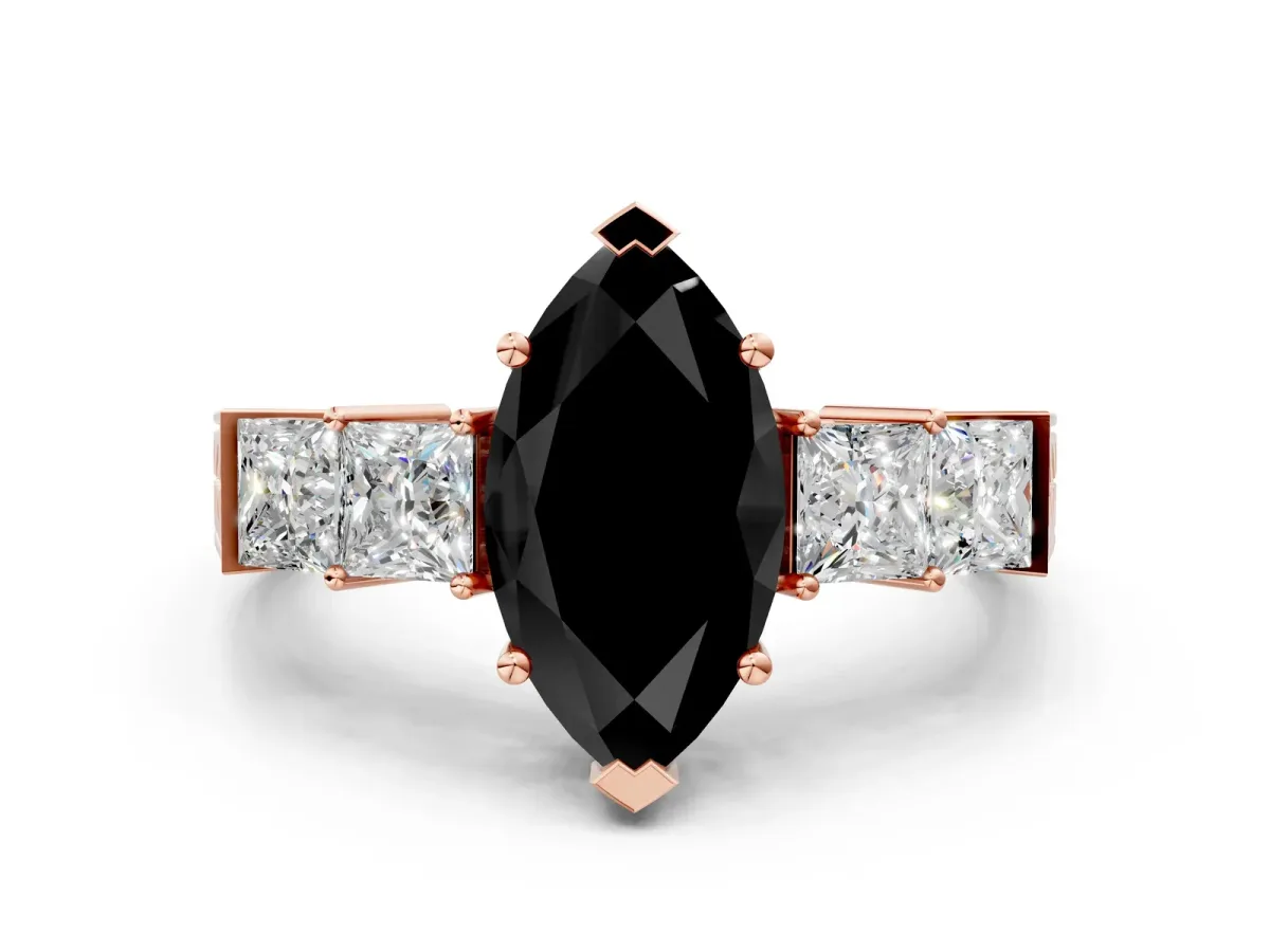 Fancy Black Marquise Cut Solitaire Princess Side Stone Engraved Band Prong Setting Ring Rose gold