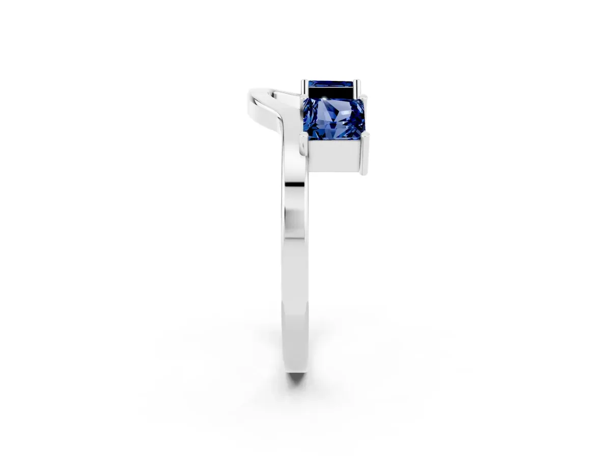Princess Cut Blue Sapphire Two-Stone Open Band Ring with Four-Prong Setting Platinum