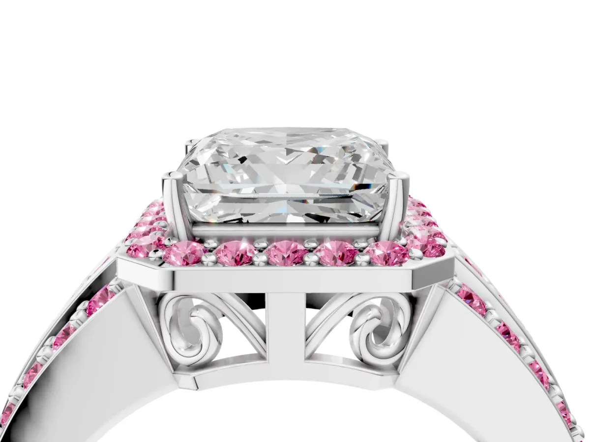 Princess Cut Halo Diamond Ring with Round Pink Sapphire Split Shank and Prong Setting Silver