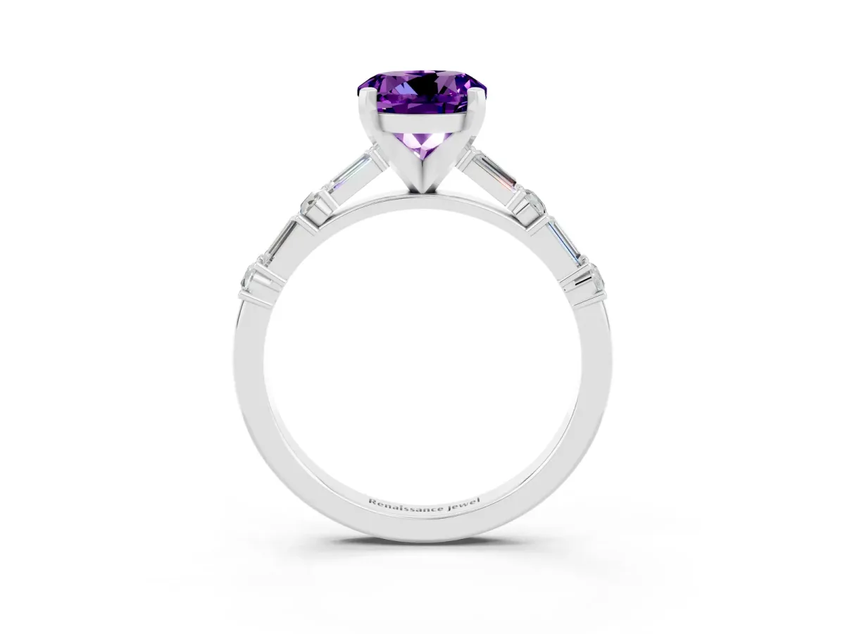 Round Cut Amethyst Solitaire with Side Baguettes and Channel Set Band Platinum