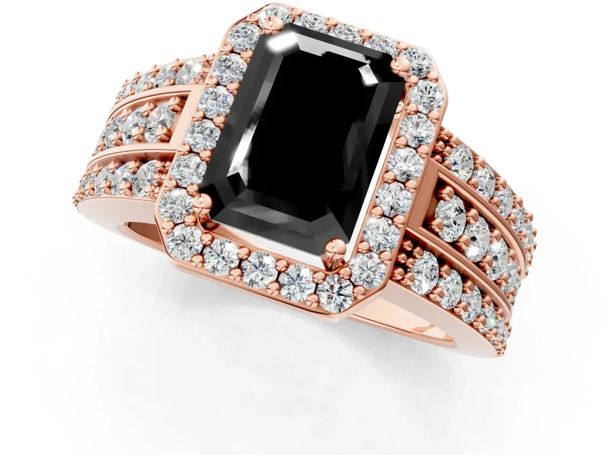 Fancy Black Emerald Cut Halo Diamond Ring with Round Split Shank and Prong Setting Rose gold