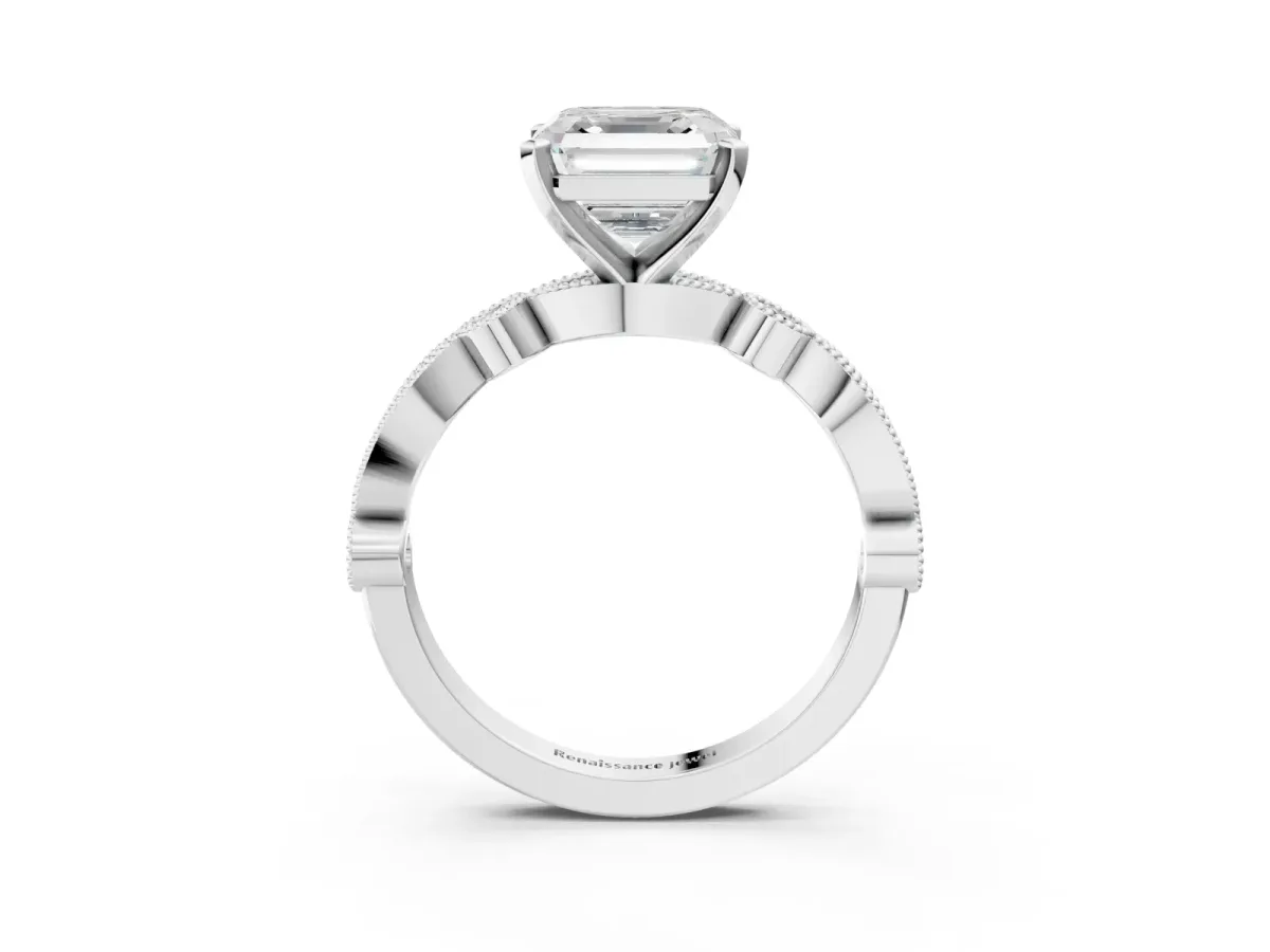 Asscher Cut Milgrain Bezel Diamond Engagement Ring with Solitaire Prong Setting Platinum