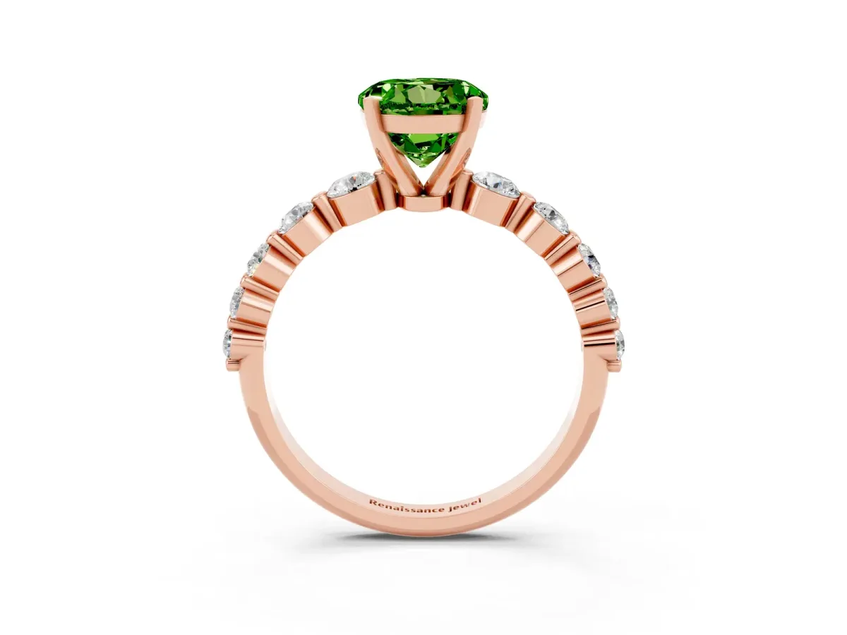 Round Cut Solitaire Peridot Ring with Pave Band and Four-Prong Setting Rose gold