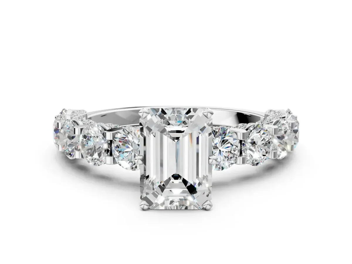 Emerald Cut Diamond Side Stone Engagement Ring with Four-Prong Setting White gold