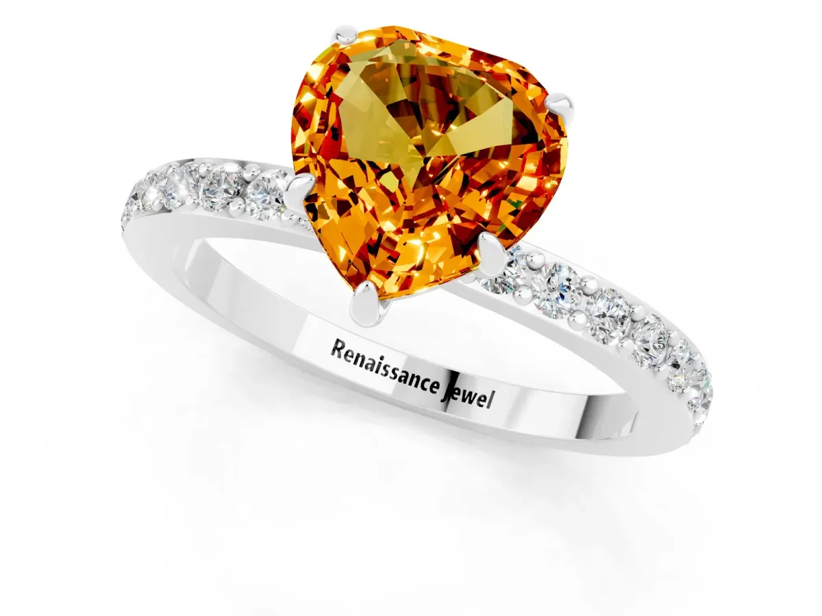 Heart Cut Citrine Solitaire Engagement Ring with Pavé Band and Four-Prong Setting Silver