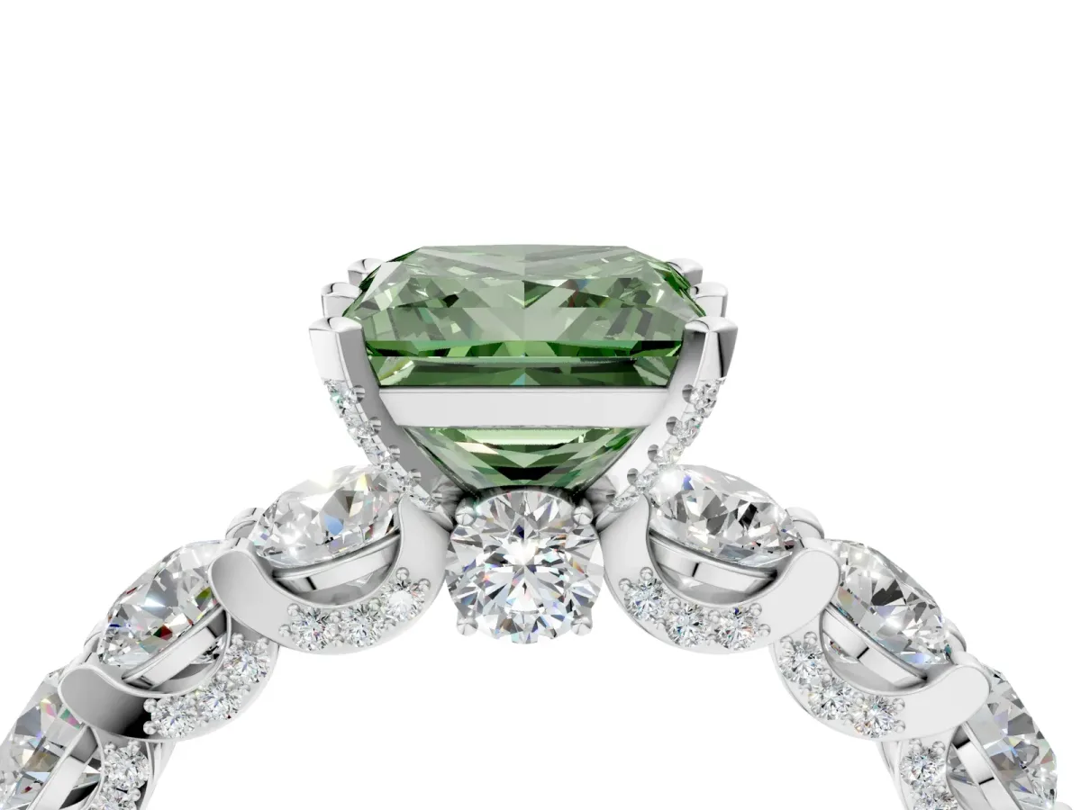 Fancy Green Princess Cut Diamond Side Stone Engagement Ring with Four-Prong Setting White gold