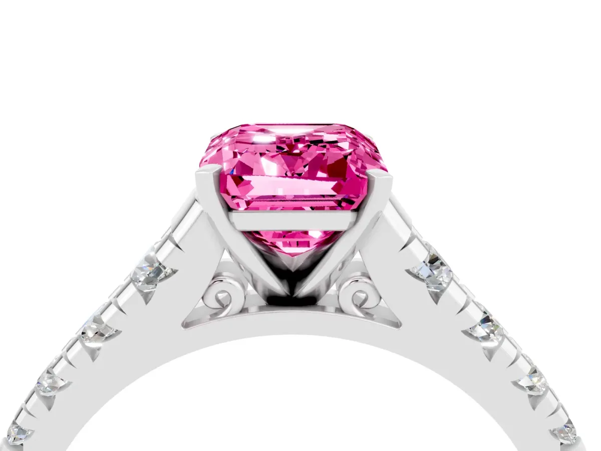 Emerald Cut Pink Sapphire Cathedral Solitaire Ring with Round Pavé Band Silver