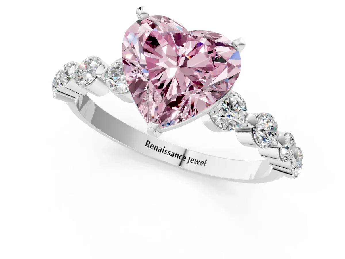 Fancy Pink Heart Cut Solitaire Diamond Ring with Pave Band and Four-Prong Setting Silver