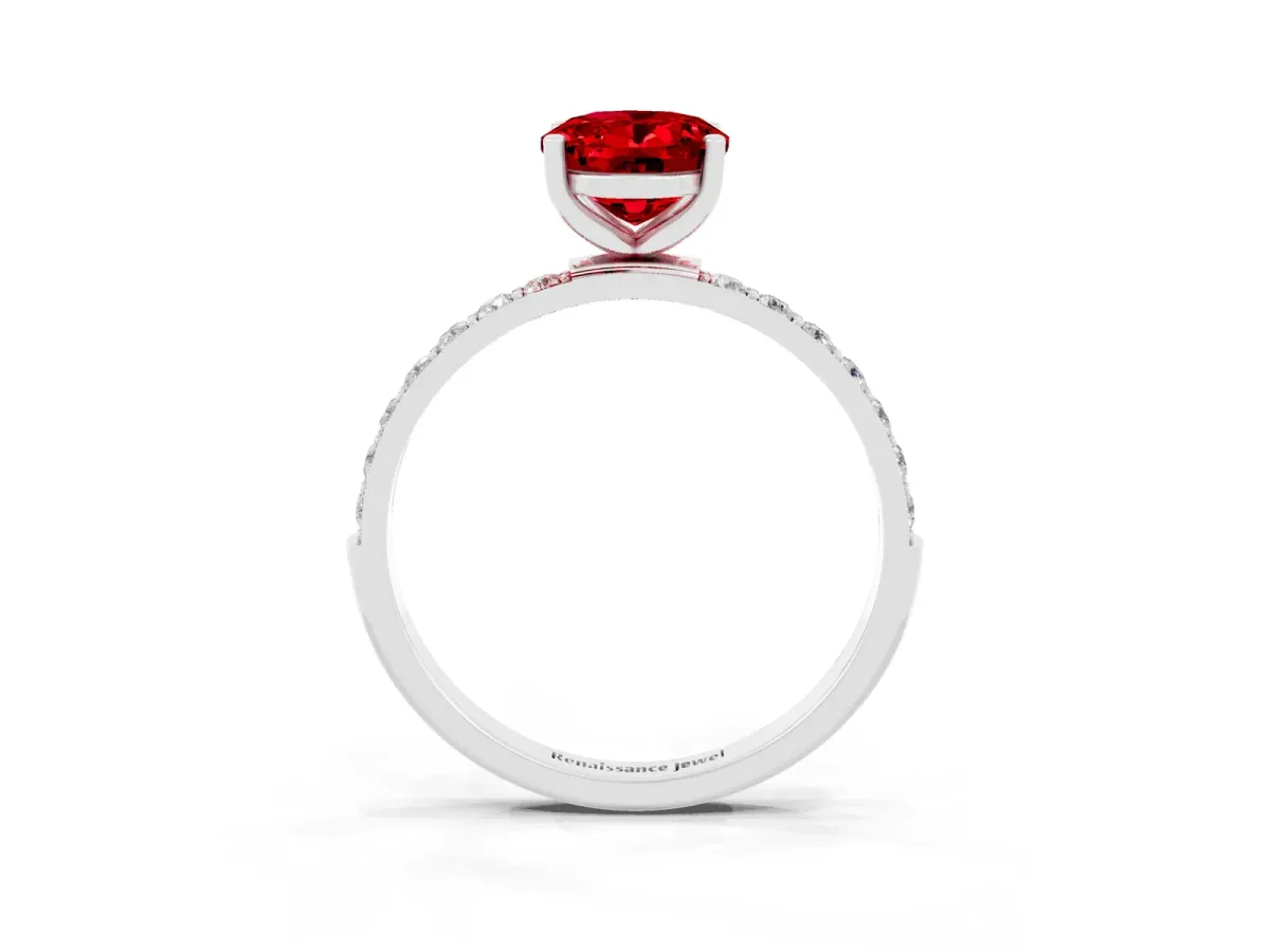 Oval Cut Ruby Solitaire Ring with Round Pavé Band and Prong Setting Platinum