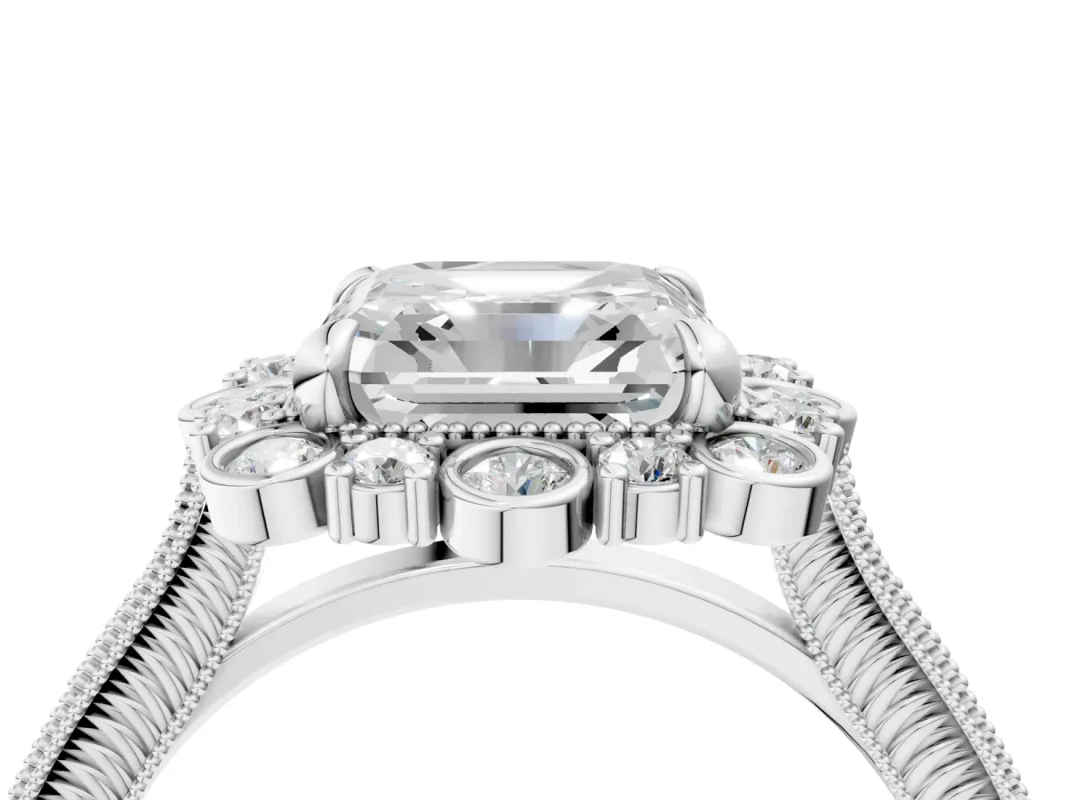 Asscher Cut Halo Milgrain Pave Diamond Ring with Four-Prong Setting Platinum