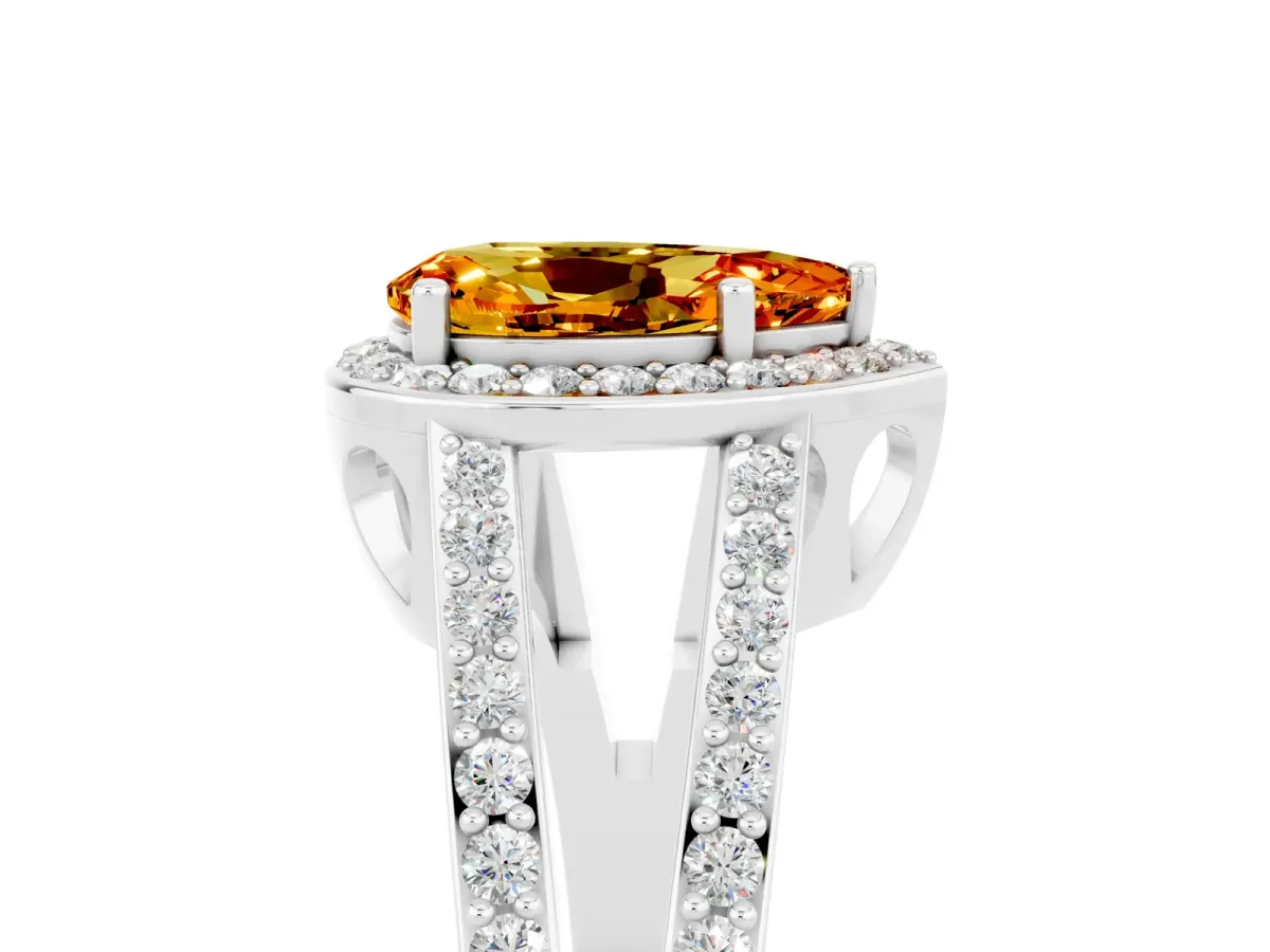 Pear Cut Citrine Halo Ring with Split Shank U-Prong Band and Four-Prong Setting Platinum