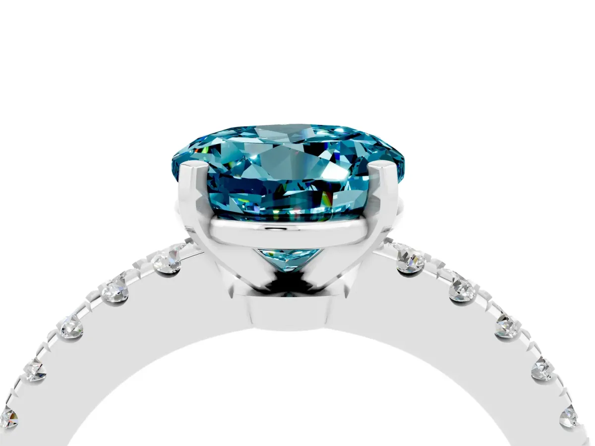 Round Cut Solitaire Blue Topaz with Pavé Band and Four-Prong Setting Silver