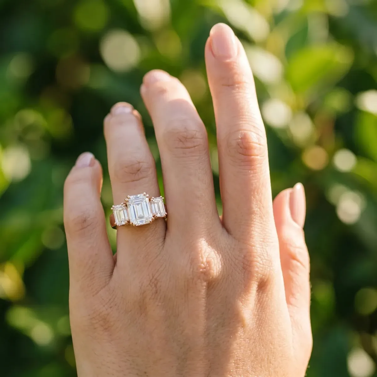 Three-Stone Emerald Cut Cut Diamond Ring with Channel Set Band and Four-Prong Setting Rose gold