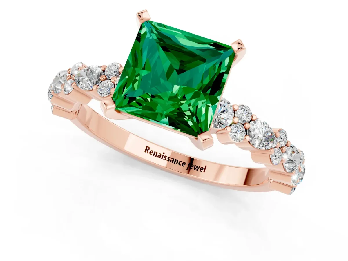 Princess Cut Emerald Side Stone Solitaire Ring with Round and Four-Prong Setting Rose gold