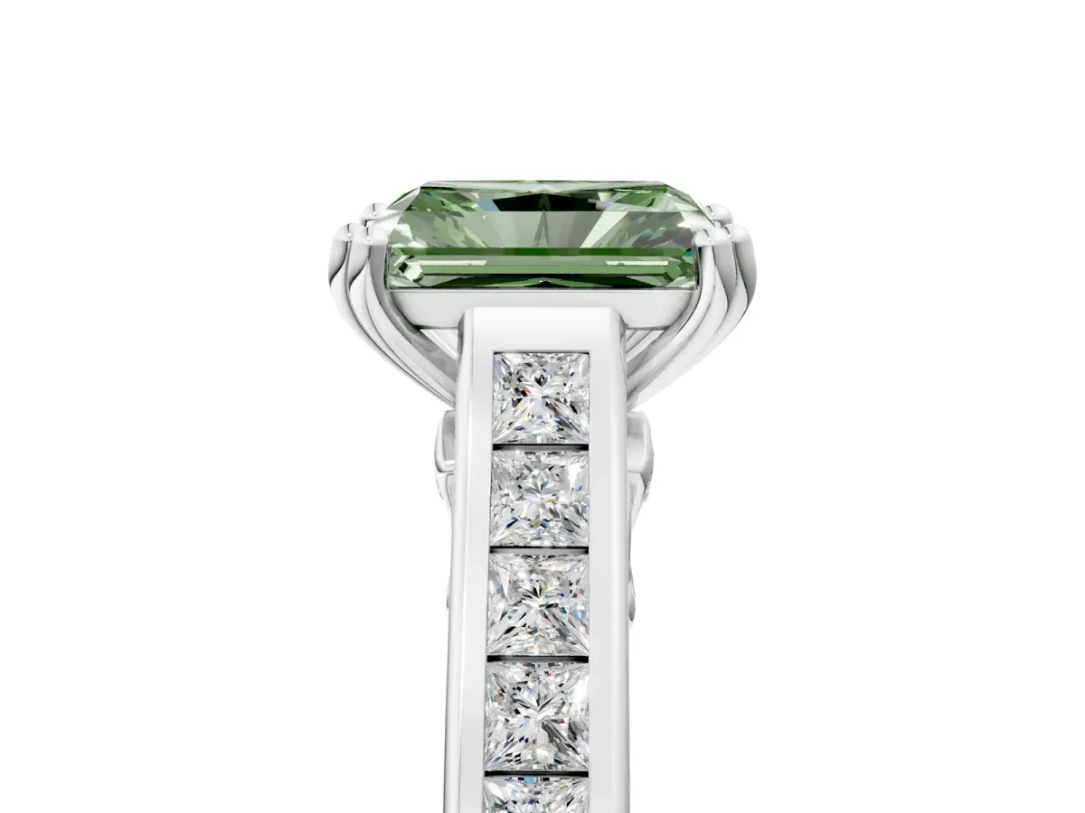 Fancy Green Radiant Cut Cut Channel Set Solitaire Engagement Ring with Prong Setting Platinum