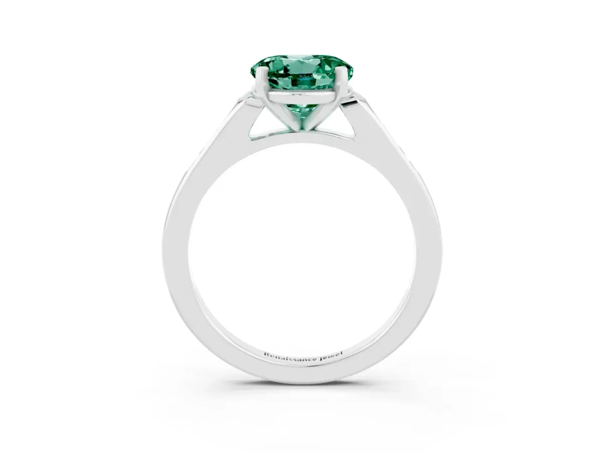 Round Cut Green Sapphire Solitaire Ring with Channel Set Round Band and Prong Setting Silver
