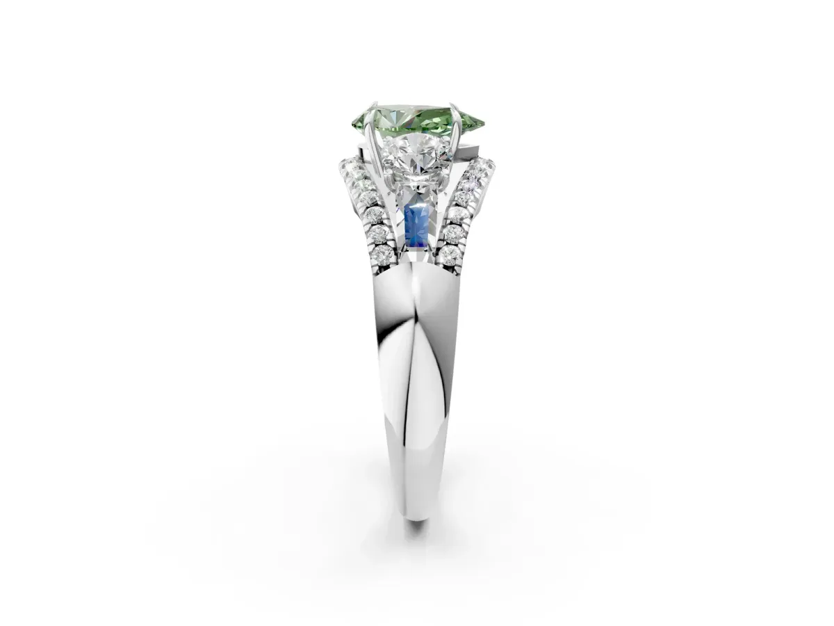 Fancy Green Three-Stone Pear Cut Diamond Engagement Ring with Pave Band and Prong Setting Platinum
