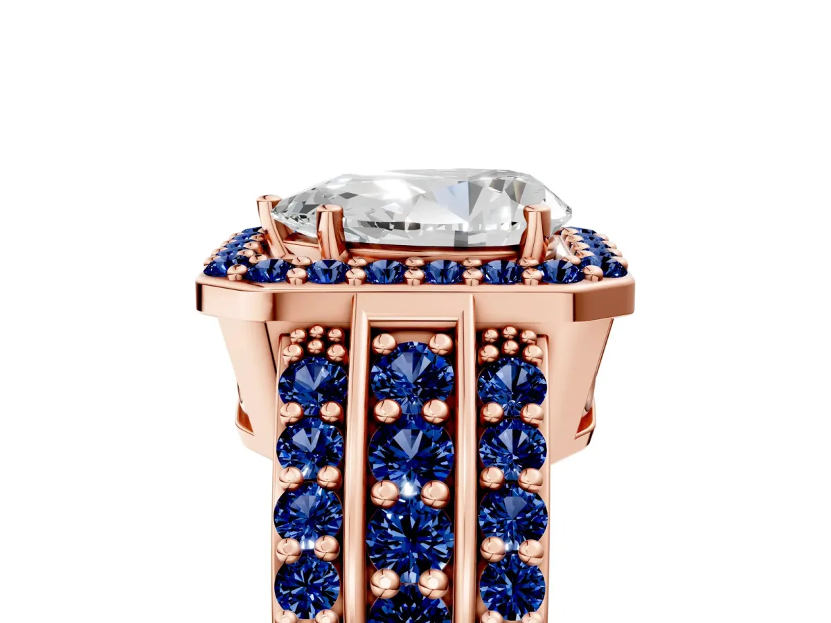 Pear Cut Halo Diamond Ring with Round Blue Sapphire Split Shank and Prong Setting Rose gold