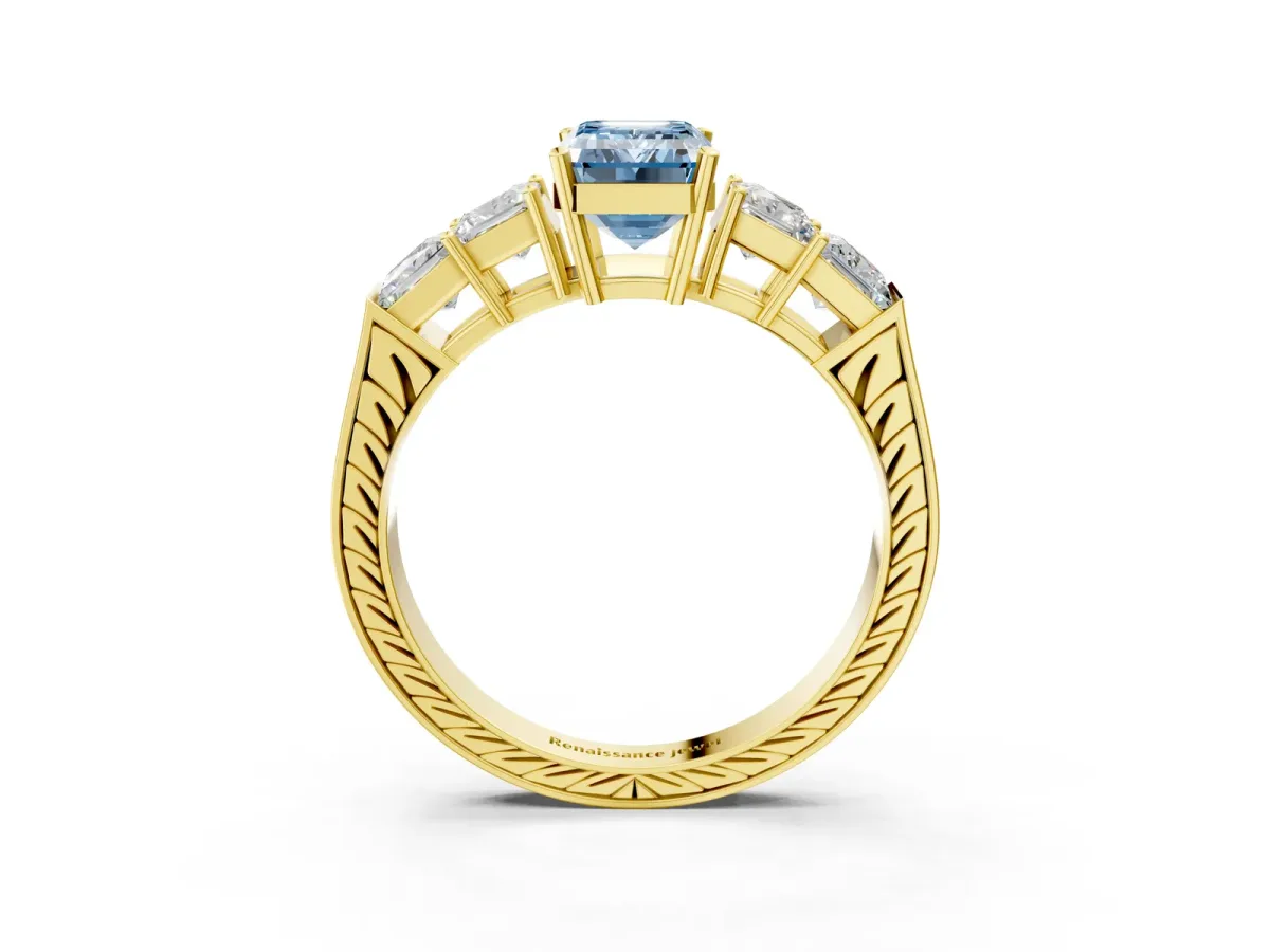 Fancy Blue Emerald Cut Solitaire Princess Side Stone Engraved Band Prong Setting Ring Yellow gold