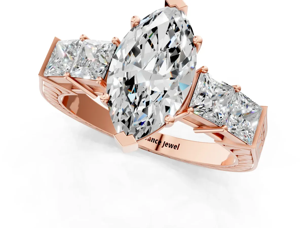 Marquise Cut Solitaire Princess Side Stone Engraved Band Prong Setting Ring Rose gold