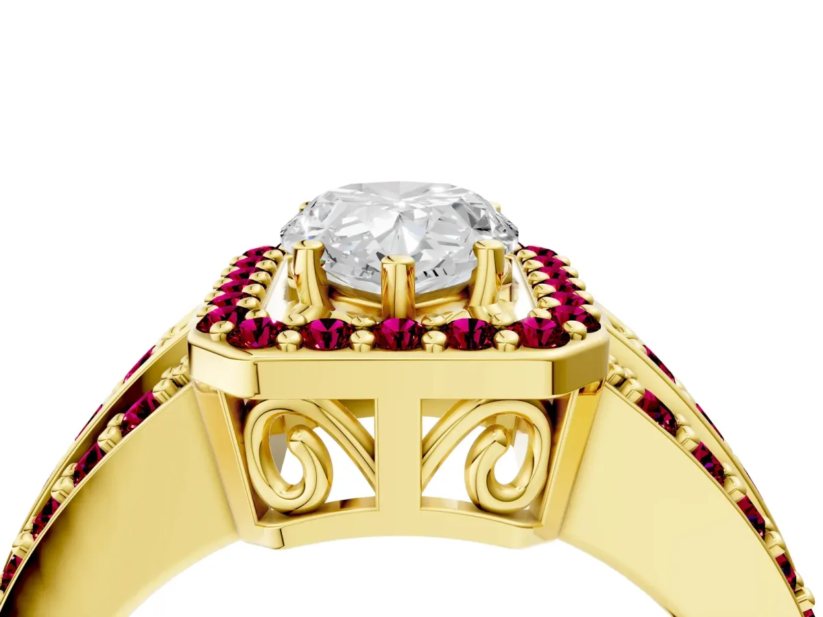 Pear Cut Halo Diamond Ring with Round Garnet Split Shank and Prong Setting Yellow gold