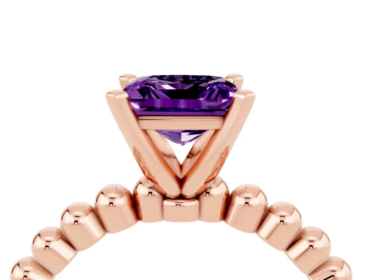 Princess Cut Amethyst Solitaire Ring with Beaded Band and Prong Setting Rose gold