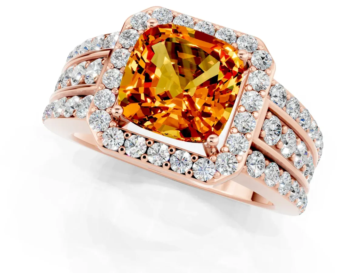 Cushion Cut Halo Citrine Ring with Round Split Shank and Prong Setting Rose gold