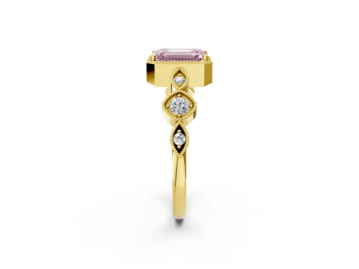Fancy Pink Emerald Cut Diamond Vintage Milgrain Ring with Round Stations Yellow gold