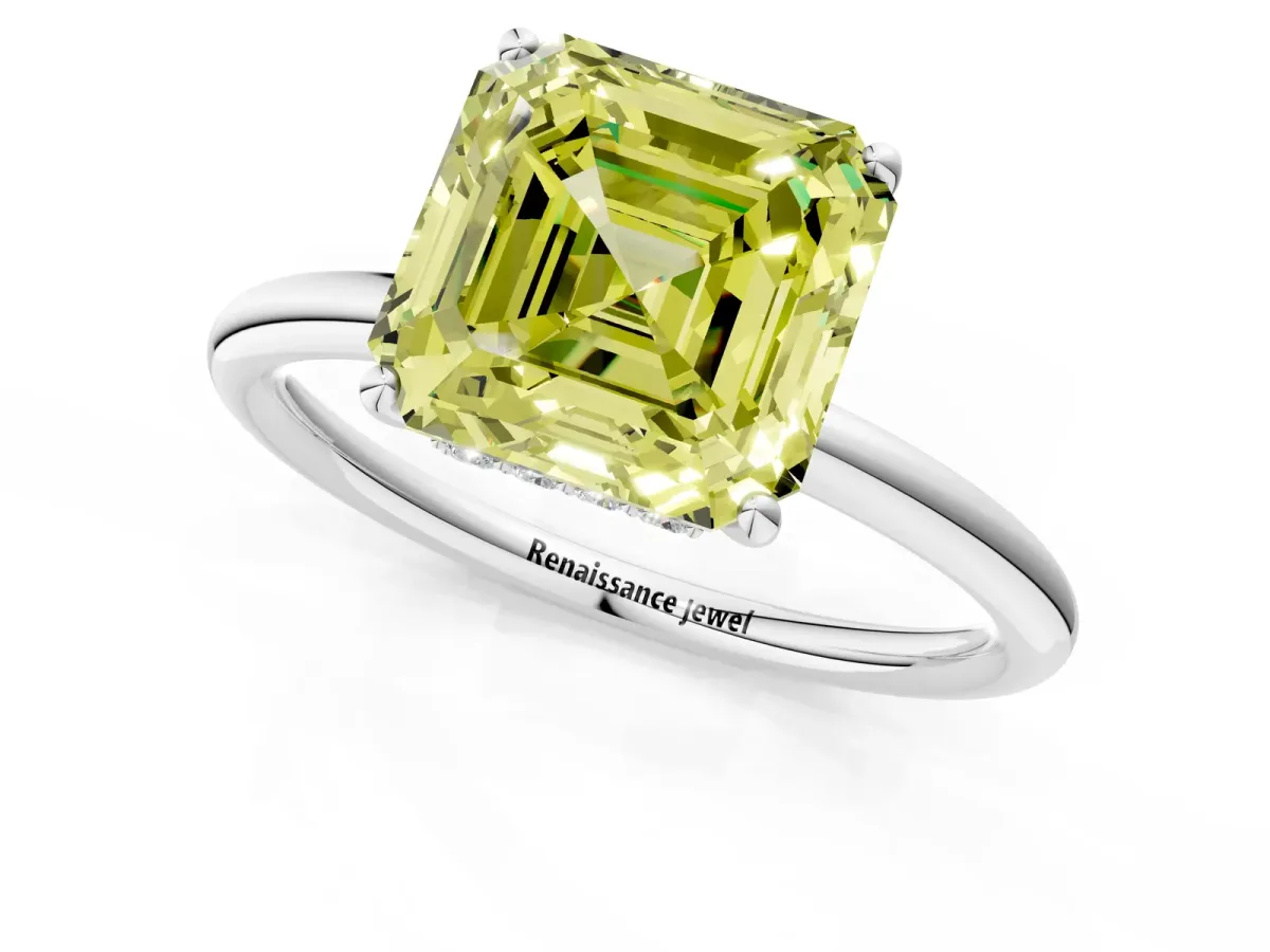 Fancy Yellow Asscher Cut Solitaire Diamond Ring with a Classic Band and Four-Prong Setting Platinum