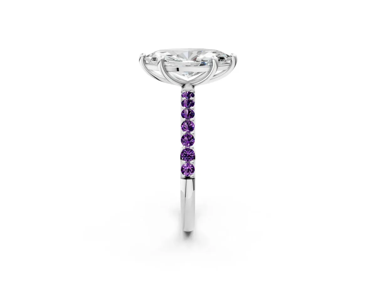 Marquise Cut Diamond Solitaire Ring with Round Amethyst Pavé Band and Prong Setting Silver