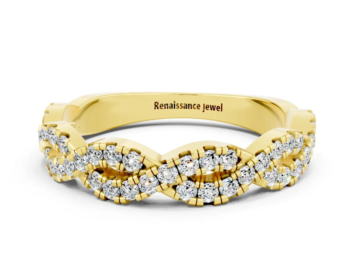Round Moissanite Twisted Eternity Band with Pavé and Shared Prong Setting Yellow gold