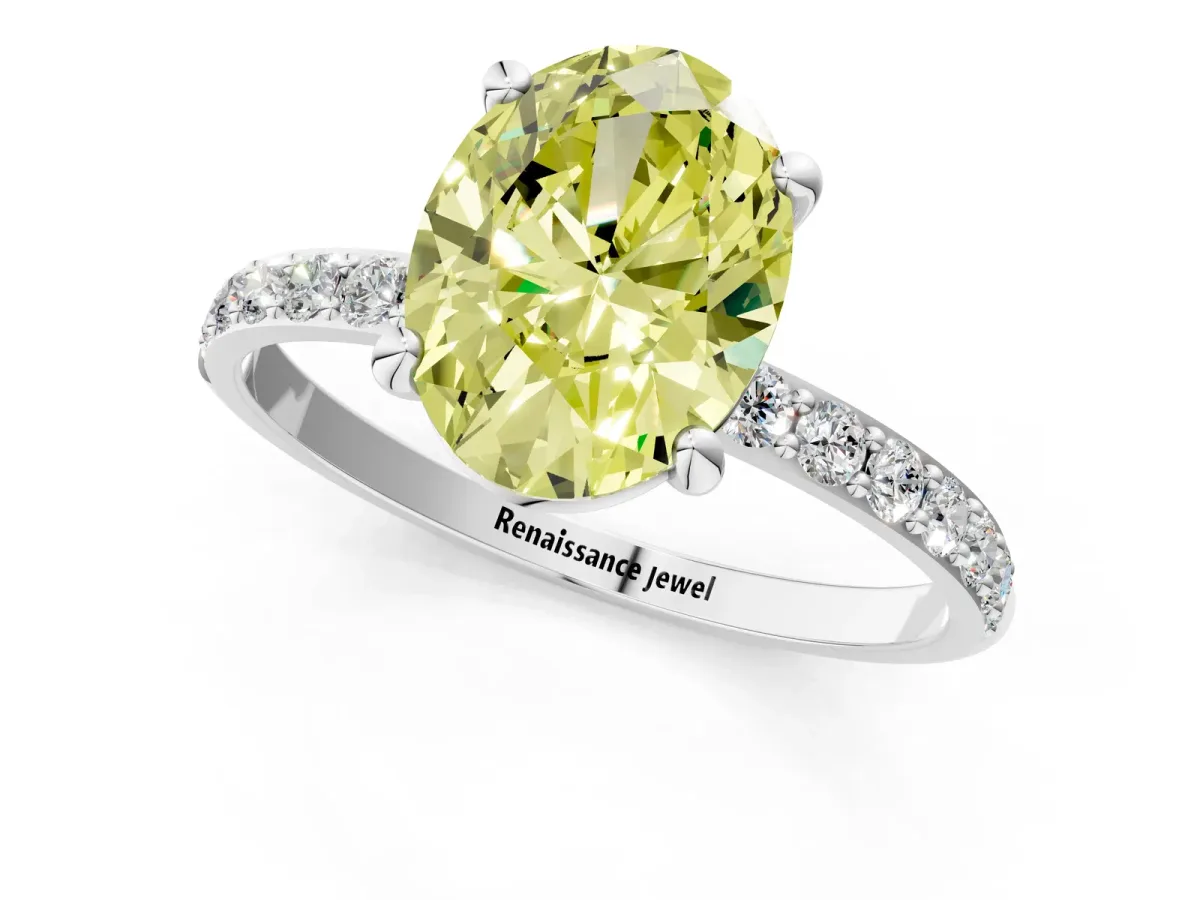 Fancy Yellow Oval Cut Diamond Solitaire Ring with Round Pavé Band and Prong Setting Silver