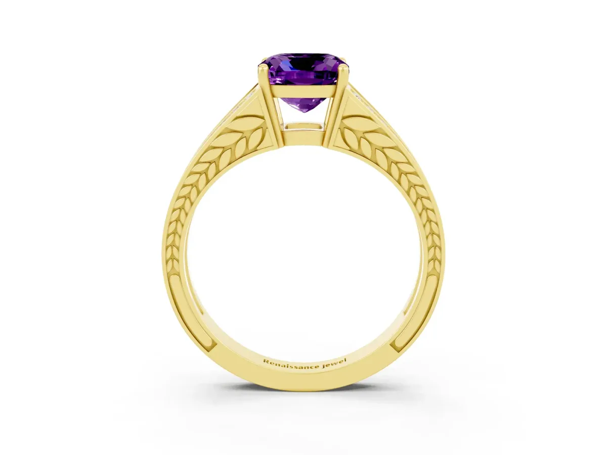 Cushion Cut Amethyst Split Shank Ring with Pavé Band and Four-Prong Setting Yellow gold