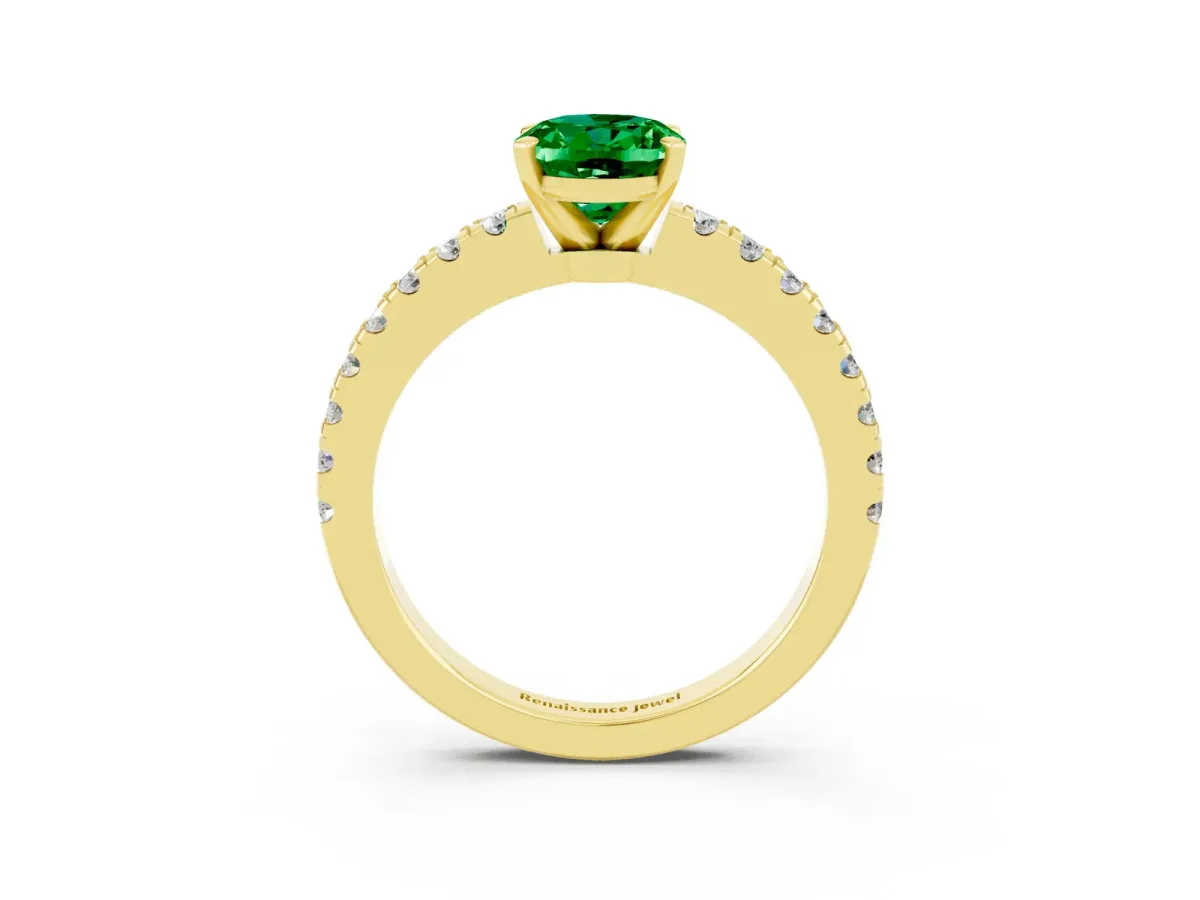 Oval Cut Solitaire Emerald with Pavé Band and Four-Prong Setting Yellow gold
