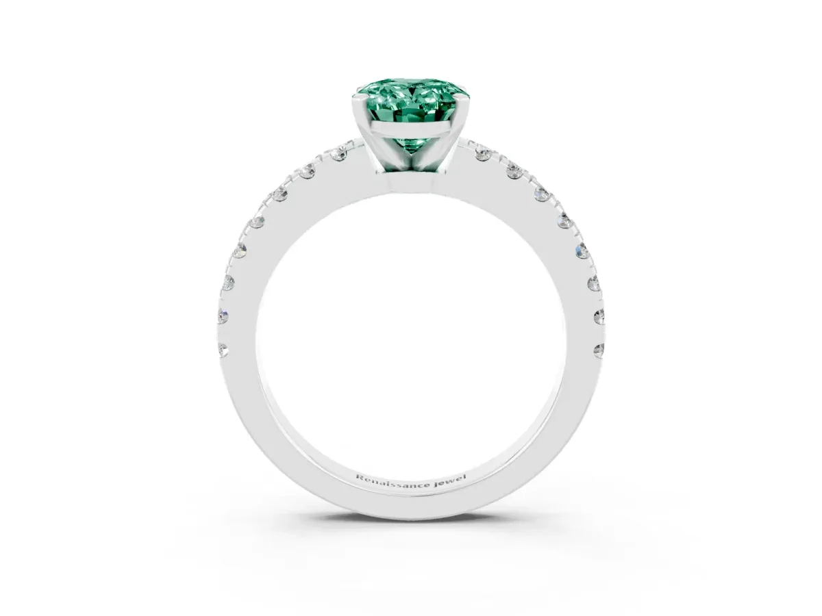 Oval Cut Solitaire Green Sapphire with Pavé Band and Four-Prong Setting Silver