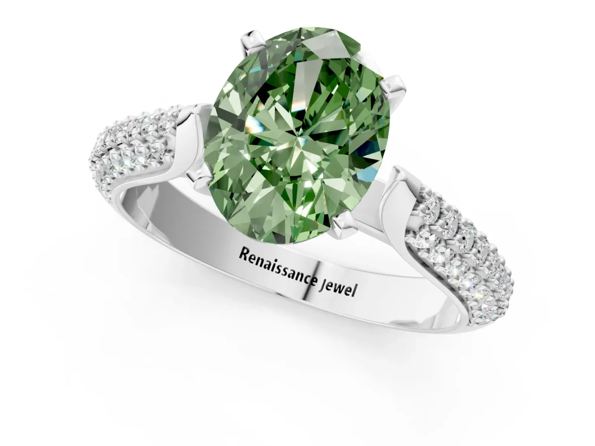 Fancy Green Oval Cut Diamond Solitaire Engagement Ring with Multi-Row Round Pavé Band and Prong Setting Silver