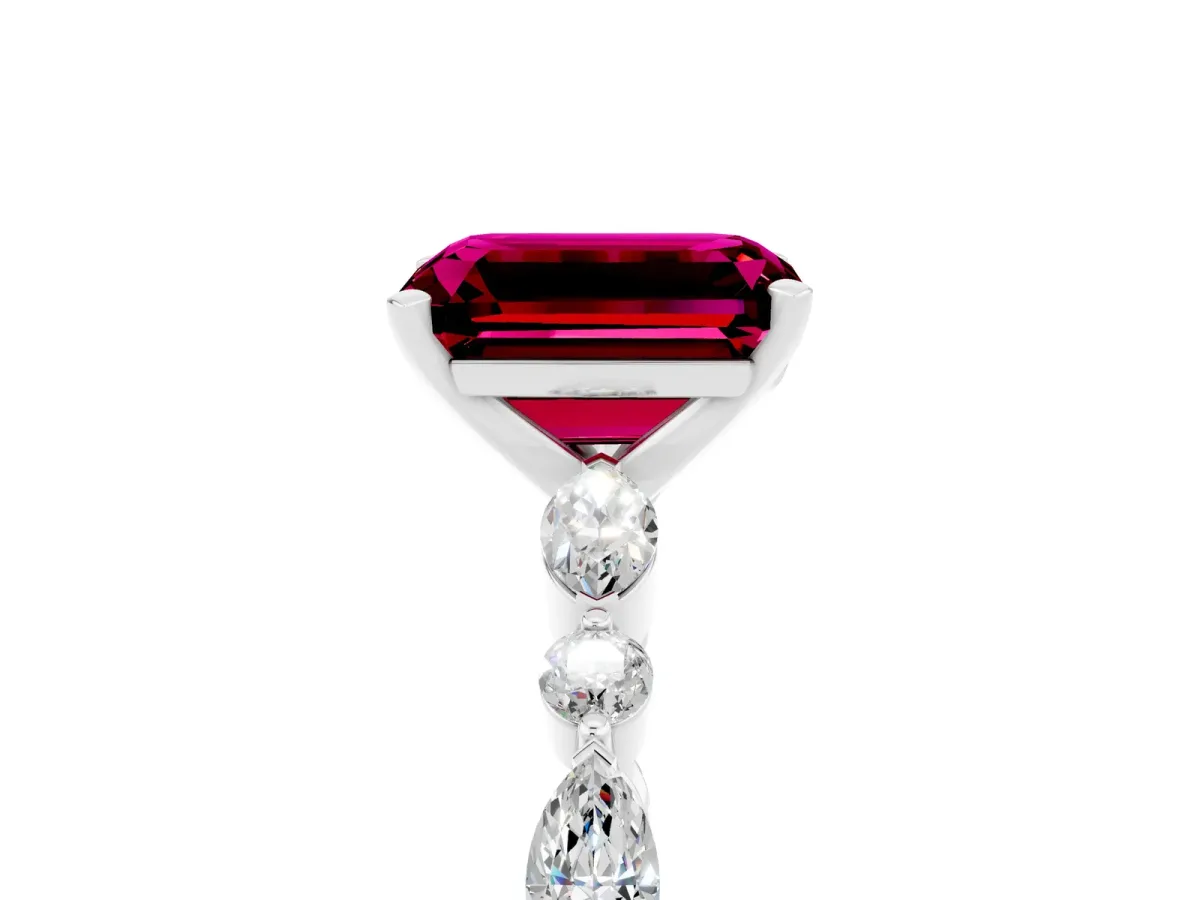 Emerald Cut Garnet Ring with Marquise and Round Side Stones and Four-Prong Setting Silver